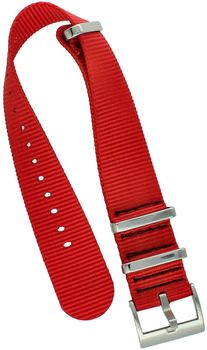 Wytrzymały pasek do zegarka NATO 019, parciany w czerwonym kolorze, długość 26,5 cm, szerokość 18 mm, stalowa sprzączka w srebrnym kolorze. Idealny do zegarków codziennych i sportowych.2.jpg